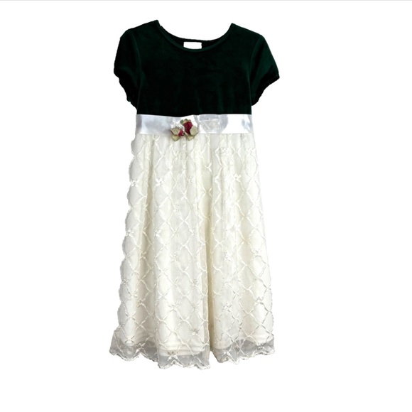 VTG 90s Rose Cottage Christmas Dress 5T Green Velvet Lace Short Sleeve Frilly - Picture 8 of 8